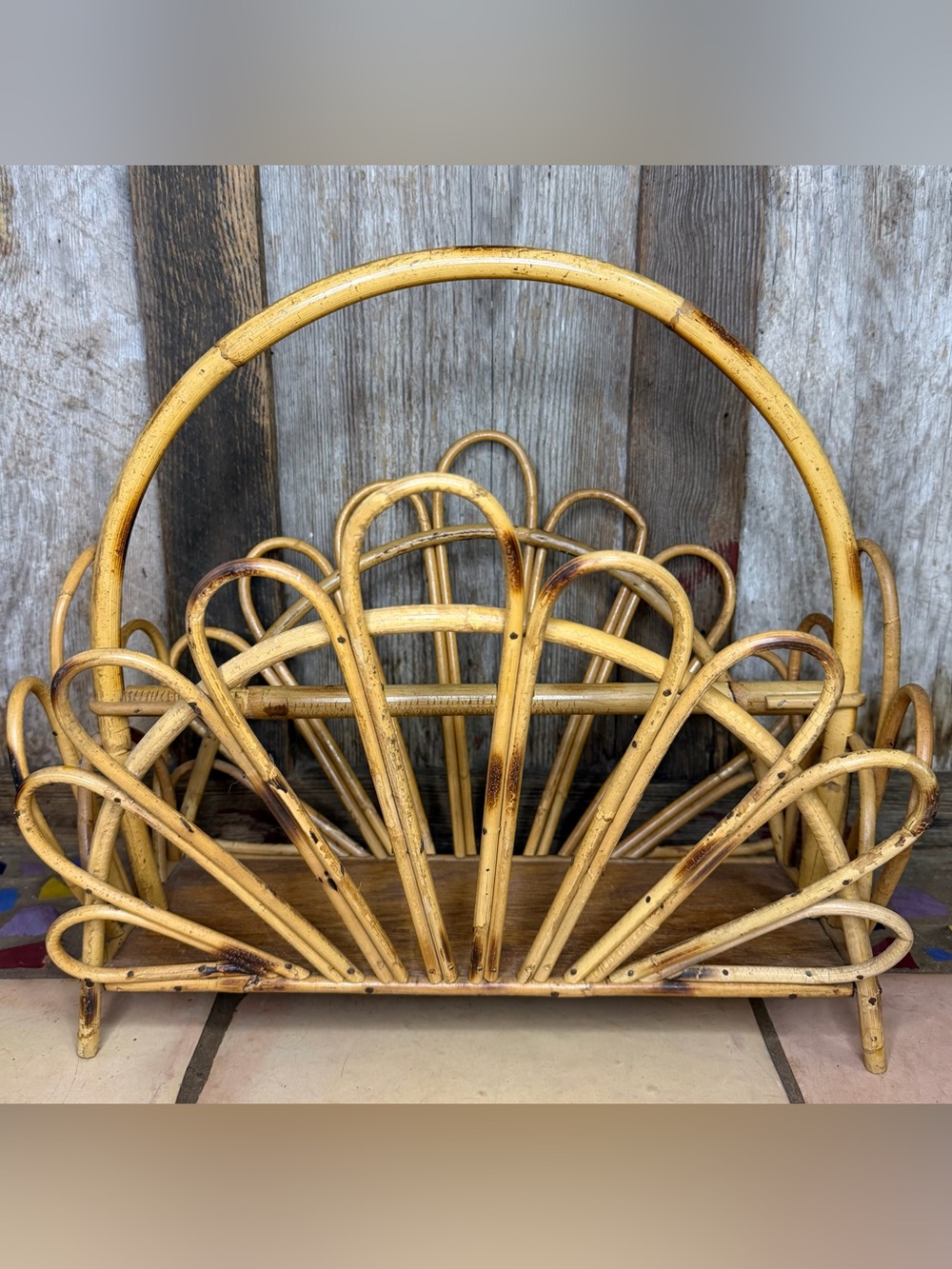 VTG MCM  Bamboo and Rattan Sunburst Fan Shaped Magazine Rack Boho Decor